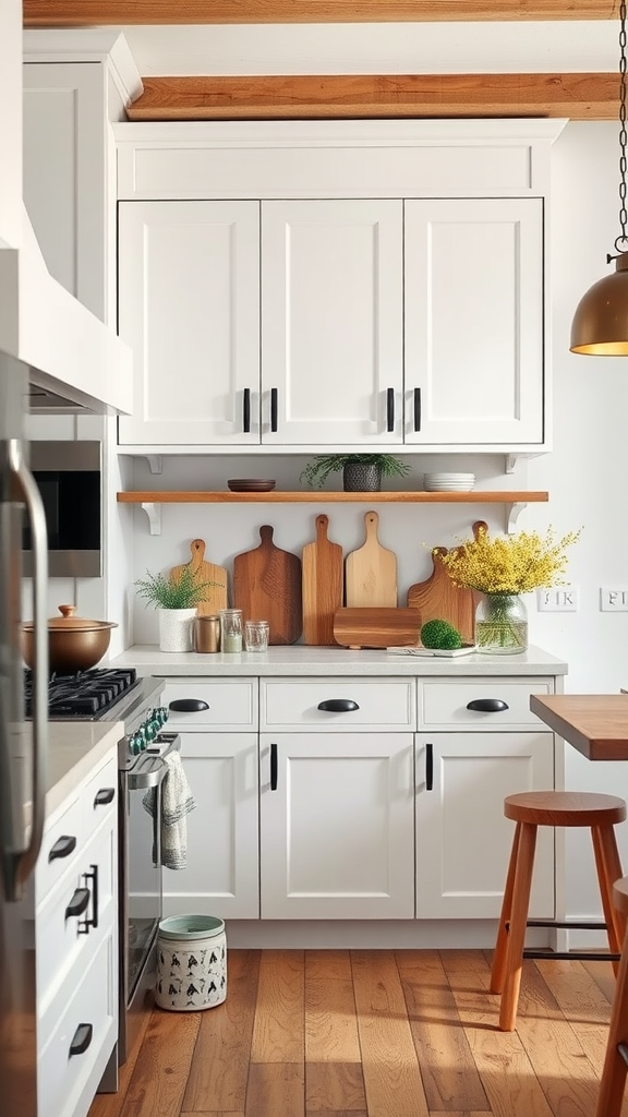 A bright kitchen featuring wooden cutting boards and decorative elements.