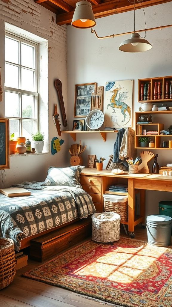 A cozy artisan workshop featuring a bed, wooden desk, and decorative items.