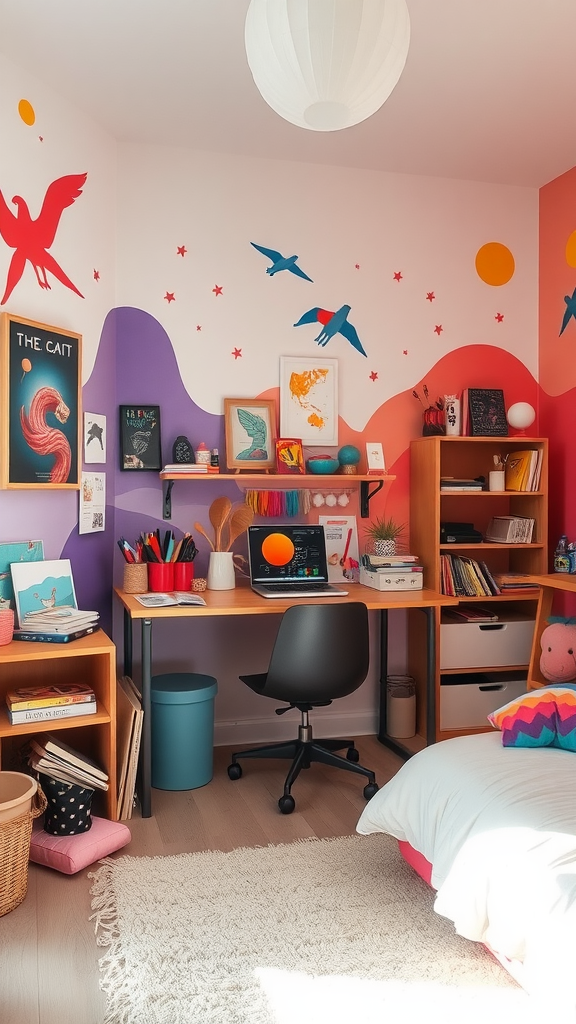 Colorful and creative room with artistic decor and a cozy atmosphere.