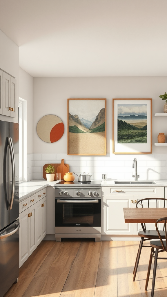 A neutral kitchen featuring artistic wall art, with landscape paintings and abstract designs.