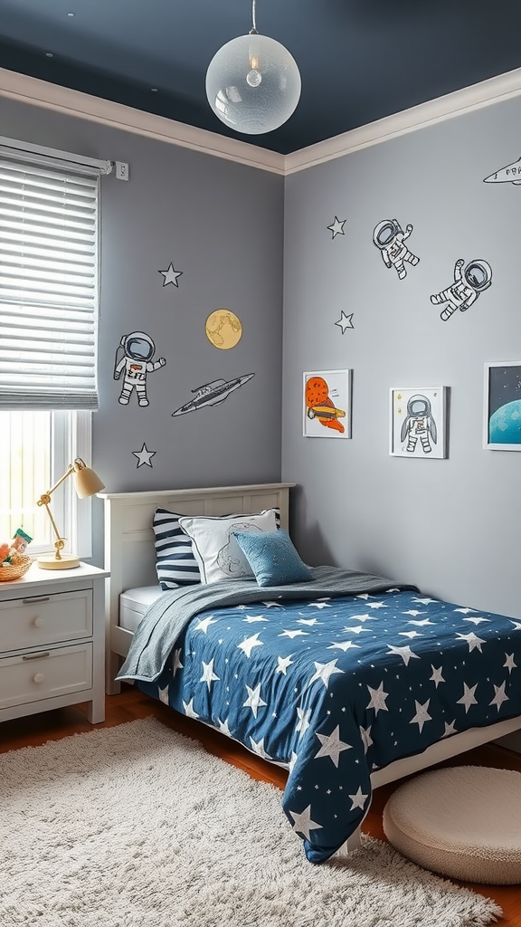 A cozy bedroom decorated with astronaut-themed wall art, a starry blanket, and soft lighting.