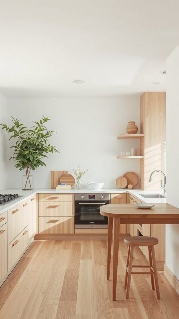 A bright kitchen featuring bamboo accents and wooden cabinetry.