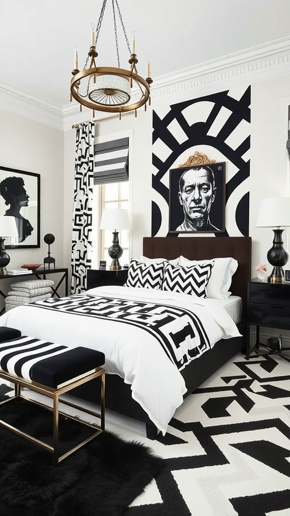 A stylish black and white bedroom featuring geometric patterns, elegant decor, and bold artwork.