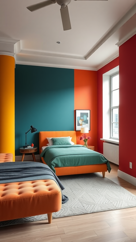 A stylish bedroom featuring bold color blocks on the walls with teal, orange, and yellow accents.