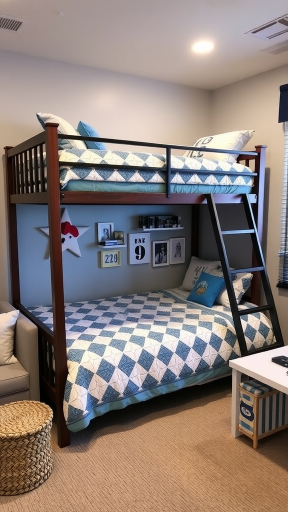 A cozy boys' bunk bed with a blue and white quilt, showcasing a lower bed with a decorative pillow and a ladder.