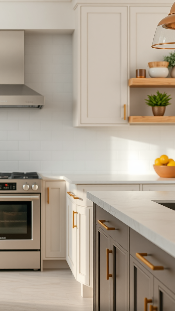 A modern kitchen featuring bronze hardware on cabinets and a stylish pendant light.