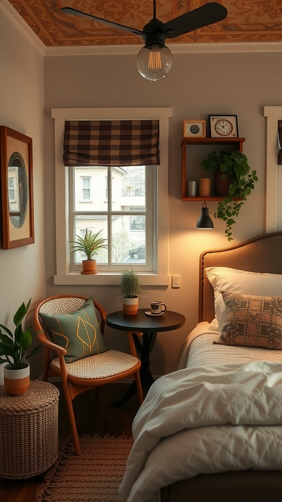 A cozy corner with a bed, a small table, and a chair, surrounded by plants and warm lighting.