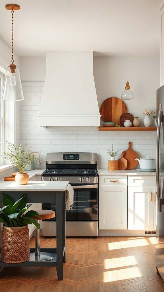 A stylish neutral kitchen with wooden accents and plants.