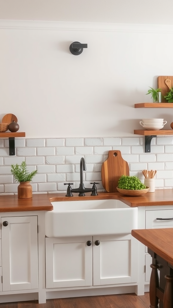 A stylish kitchen featuring a farmhouse sink with wooden shelves and decorative items.