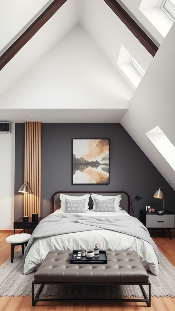 A stylish loft bedroom featuring high ceilings, a cozy bed, and modern decor.