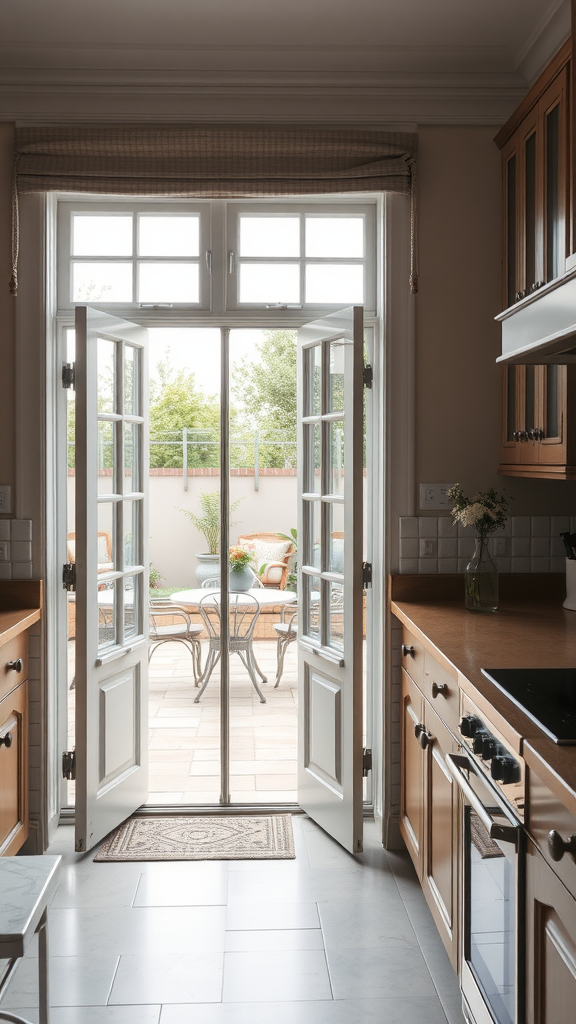 A kitchen with classic French doors leading to a patio area.