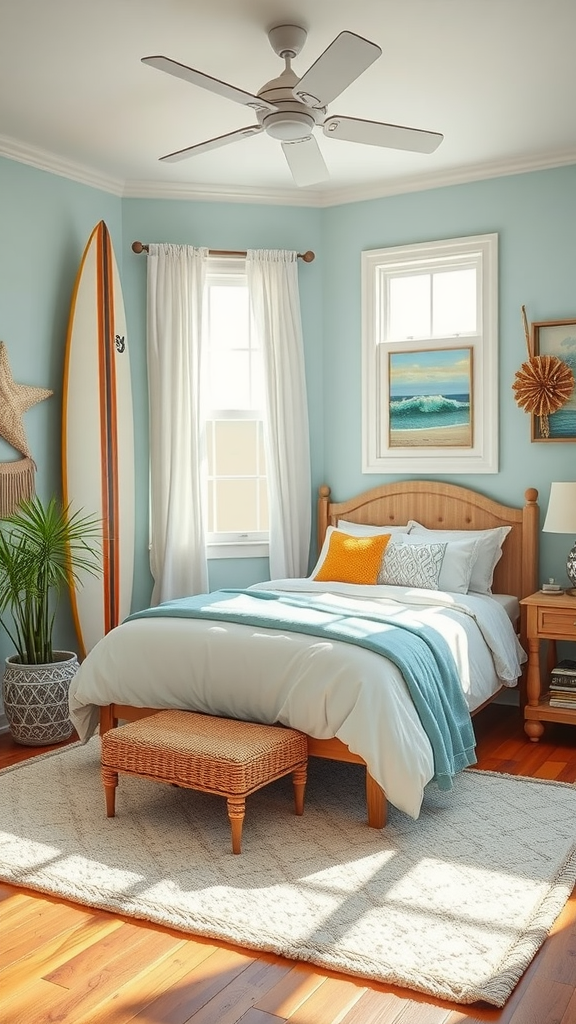 A bright and airy bedroom with coastal decor, featuring a surfboard, light blue walls, and a cozy bed.