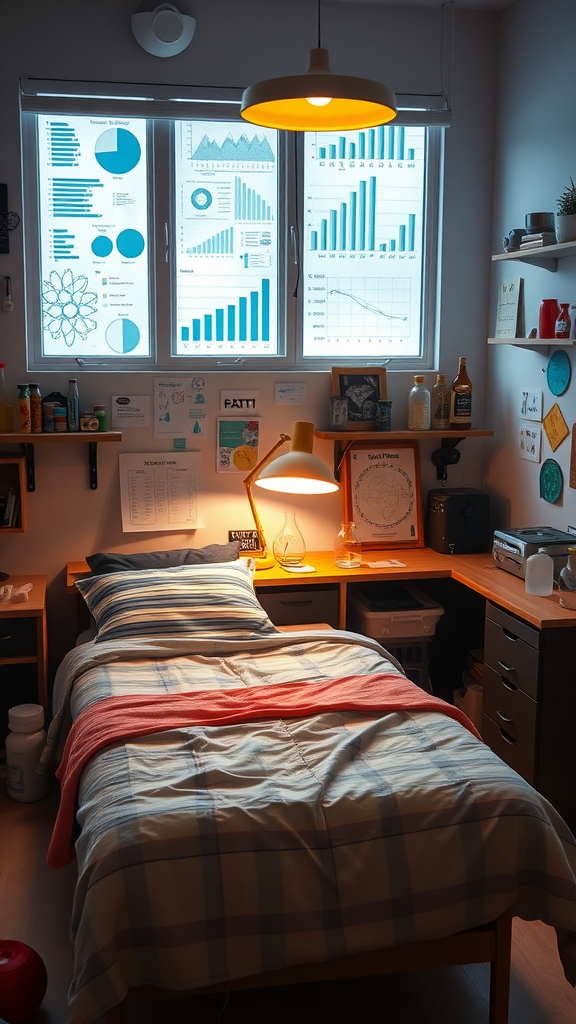 A cozy cosmetic science lab with charts and a neatly made bed.