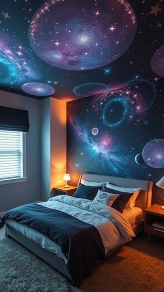 A bedroom with a cosmic-themed wall and ceiling mural featuring colorful planets and galaxies.