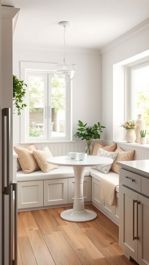 A cozy breakfast nook with a round table and cushioned seating by a window.