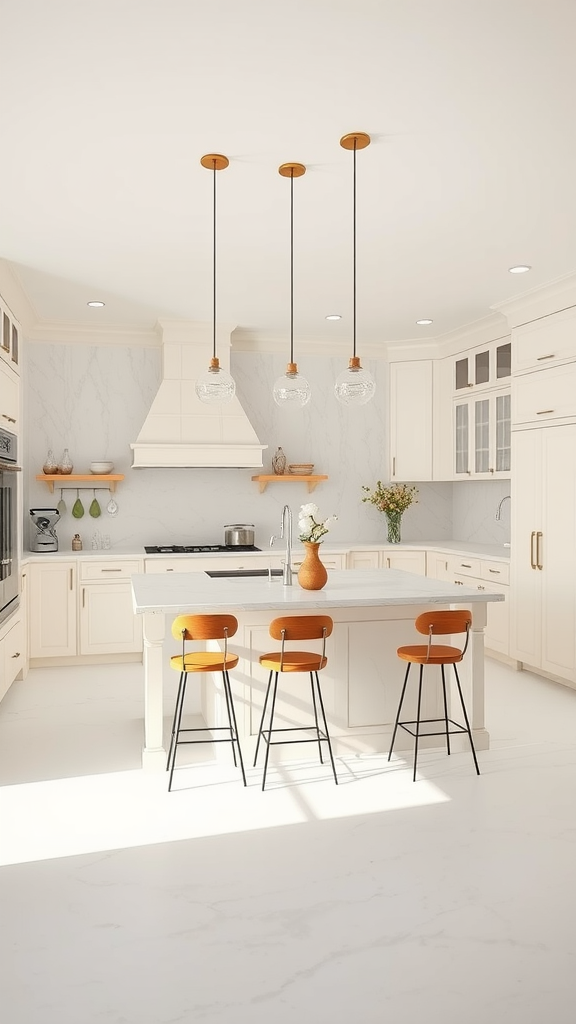 A bright and airy creamy white kitchen featuring a central island with colorful stools.