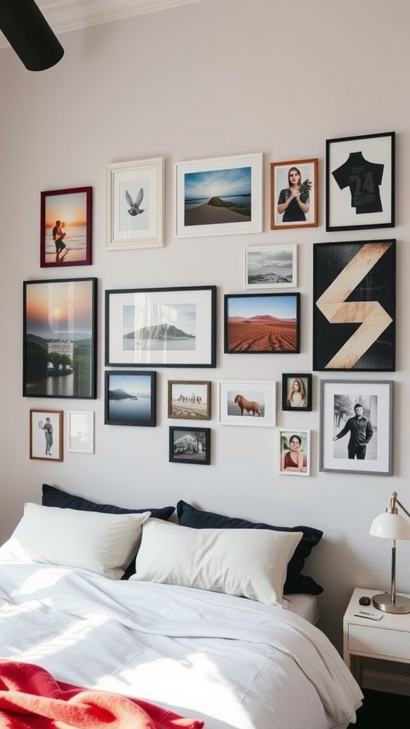 A wall adorned with various framed photos and artwork above a bed in a cozy bedroom.