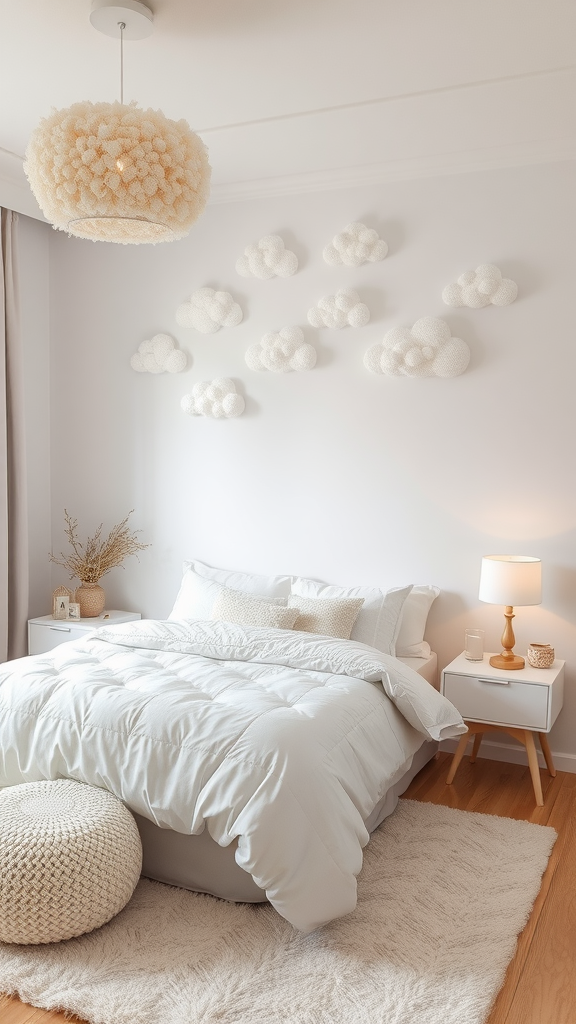 A cozy bedroom featuring cloud-shaped decor on the wall, soft bedding, and a warm lamp.