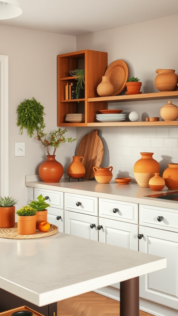 A neutral kitchen featuring terracotta accents with plants and wooden shelves.