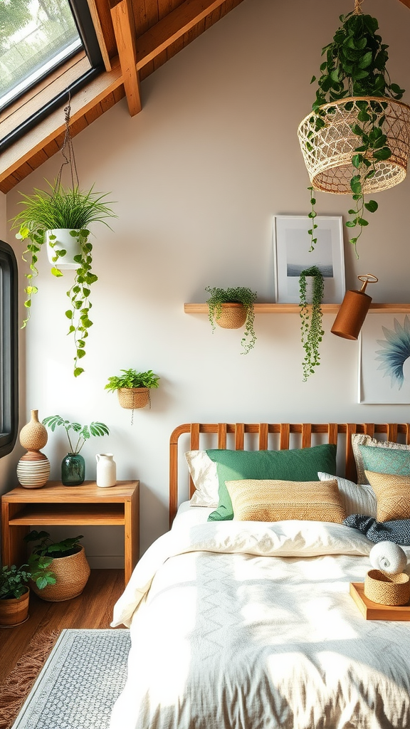 A cozy bedroom featuring natural wood accents and various hanging plants, showcasing an eco-friendly design.