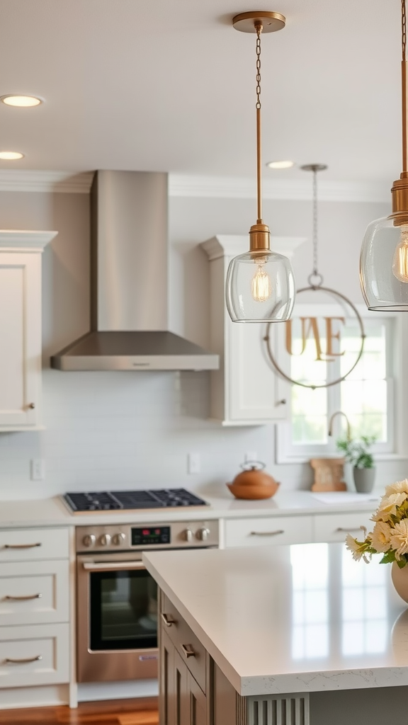 Bright kitchen with pendant lighting over the island.