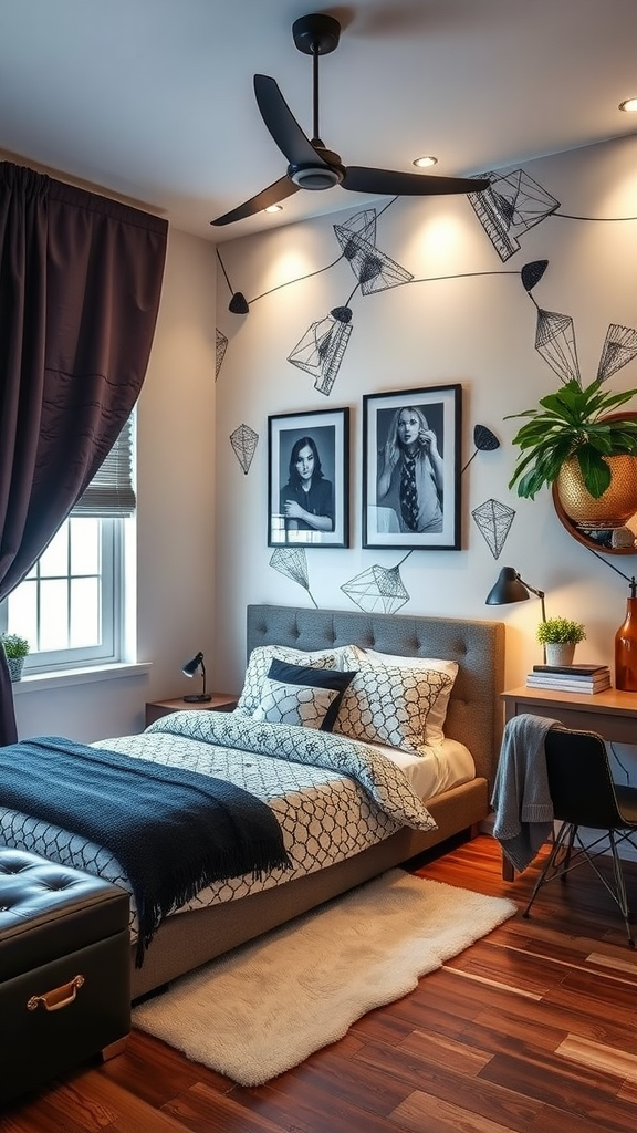 Stylish bedroom with modern decor, featuring framed photos, decorative plants, and cozy bedding.