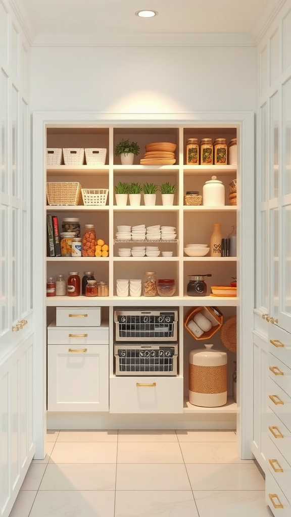 A stylish and organized pantry with shelves filled with containers, plants, and kitchen essentials.