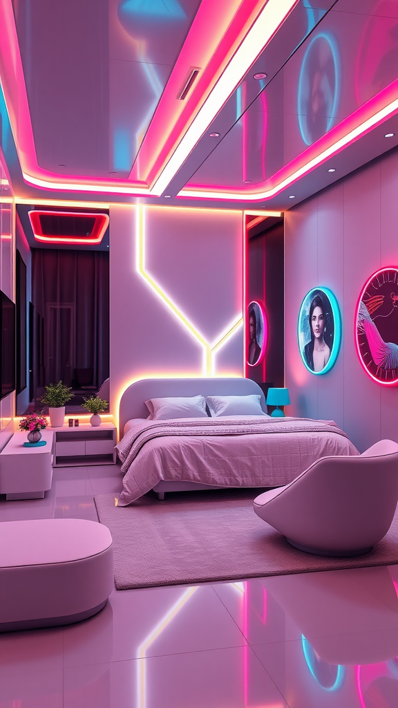 A futuristic capsule room featuring neon lights and modern decor.