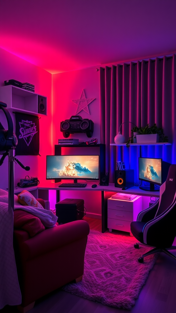 A cozy gaming room with colorful lights, dual monitors, and a comfortable chair.