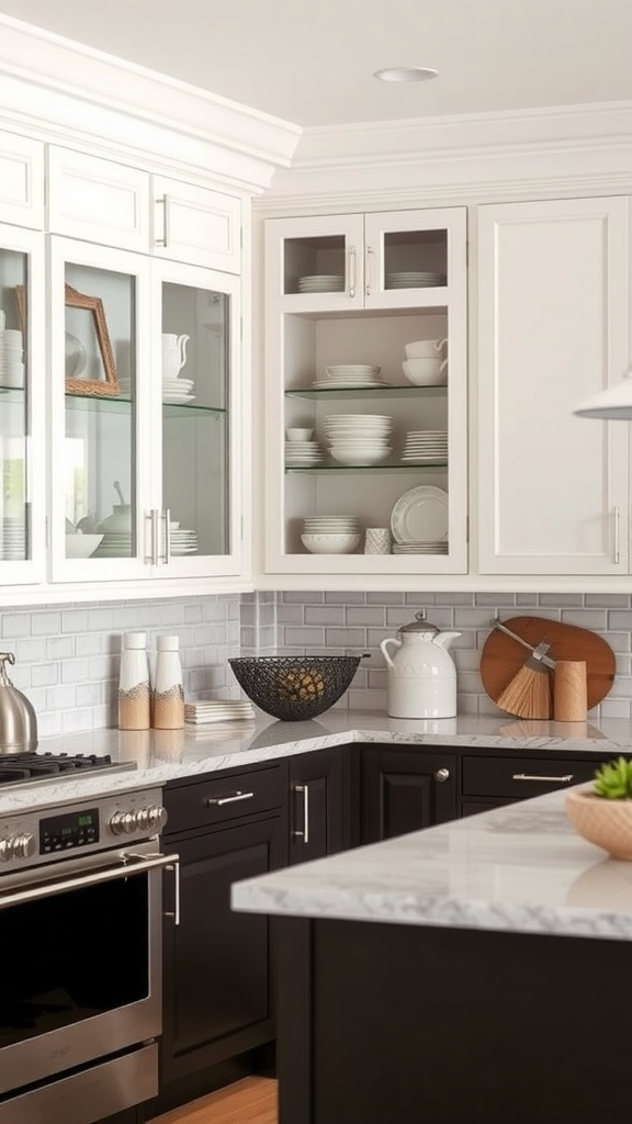 A modern kitchen featuring glass front cabinets filled with white dishware and a dark countertop.