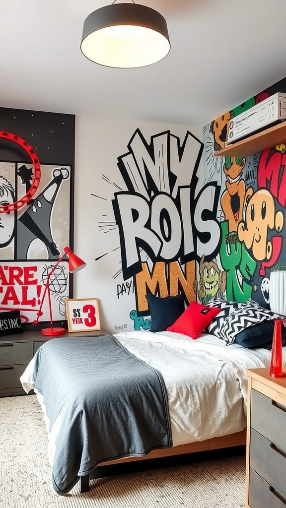 A colorful bedroom with graffiti art on the walls, featuring a bed and decorative items.