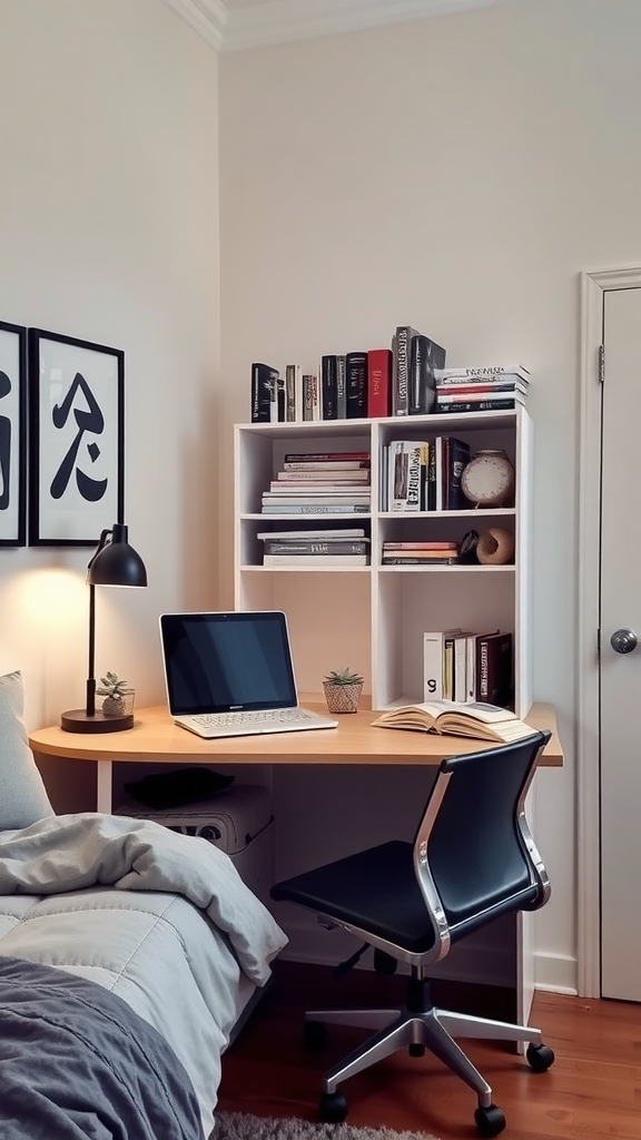 A cozy study space featuring a wooden desk with a laptop, an open book, and a lamp, alongside a bookshelf filled with books and a small plant.