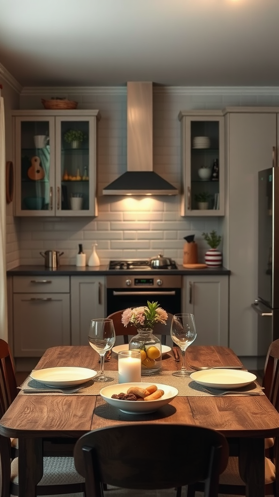 A cozy dining setup in a neutral kitchen featuring a wooden table with plates, glasses, and a vase of flowers.