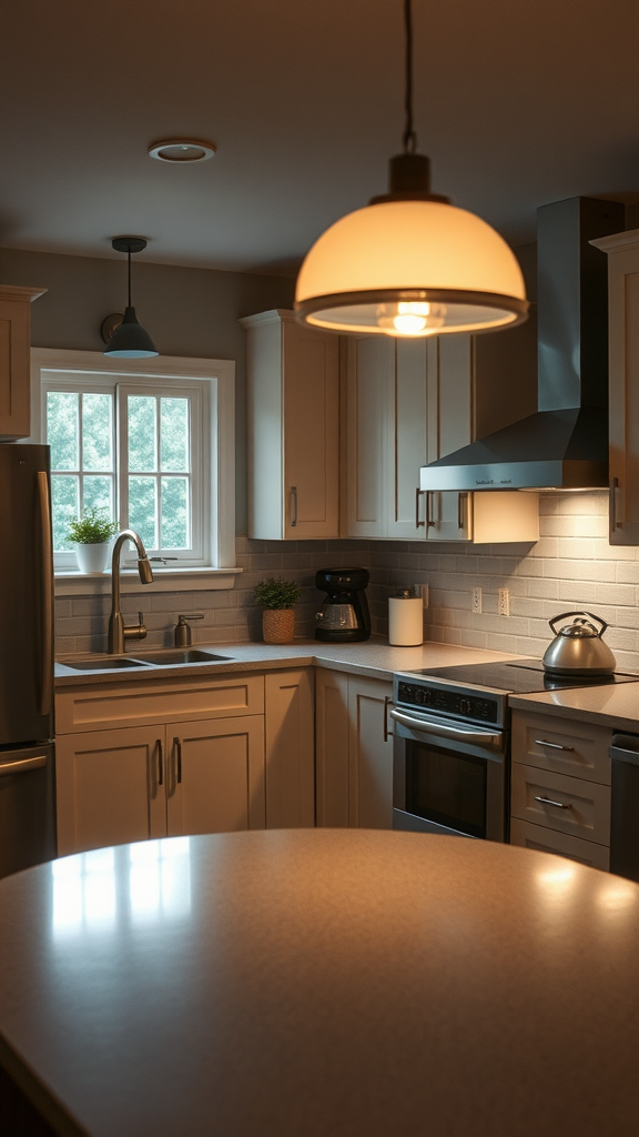 A neutral kitchen with layered lighting including a pendant light and under-cabinet lights.