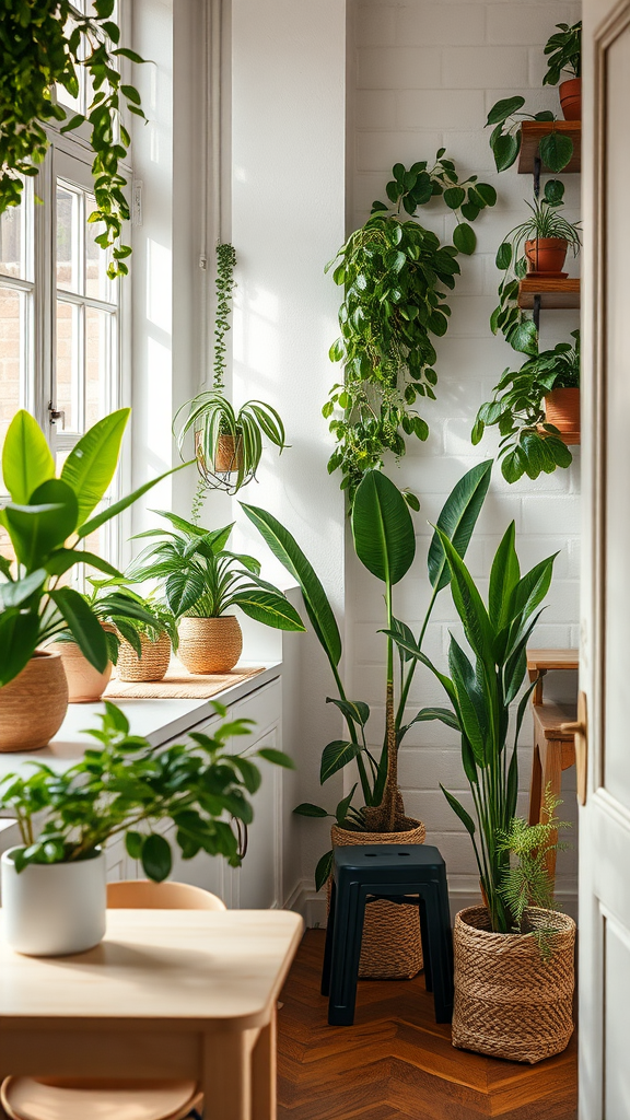 Bright kitchen filled with various indoor plants in decorative pots.