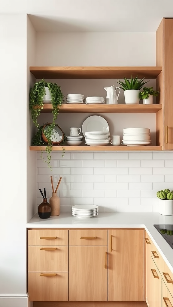 A minimalist kitchen with open shelving displaying dishes and plants.