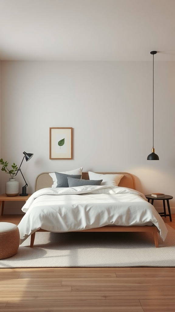 Cozy minimalist bedroom with soft colors and simple design.