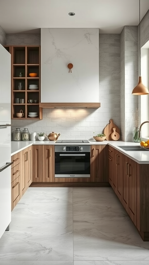 A stylish neutral kitchen featuring wooden cabinets, marble countertops, and a bright atmosphere.