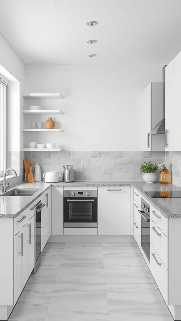 A modern kitchen with a monochromatic color scheme featuring white cabinets, gray countertops, and minimal decor.