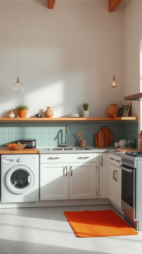 A bright and modern kitchen featuring white cabinets, a wooden countertop, and colorful decor accents.