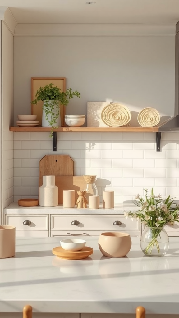 A neutral kitchen featuring pastel accessories, with open shelves displaying bowls and a small plant.