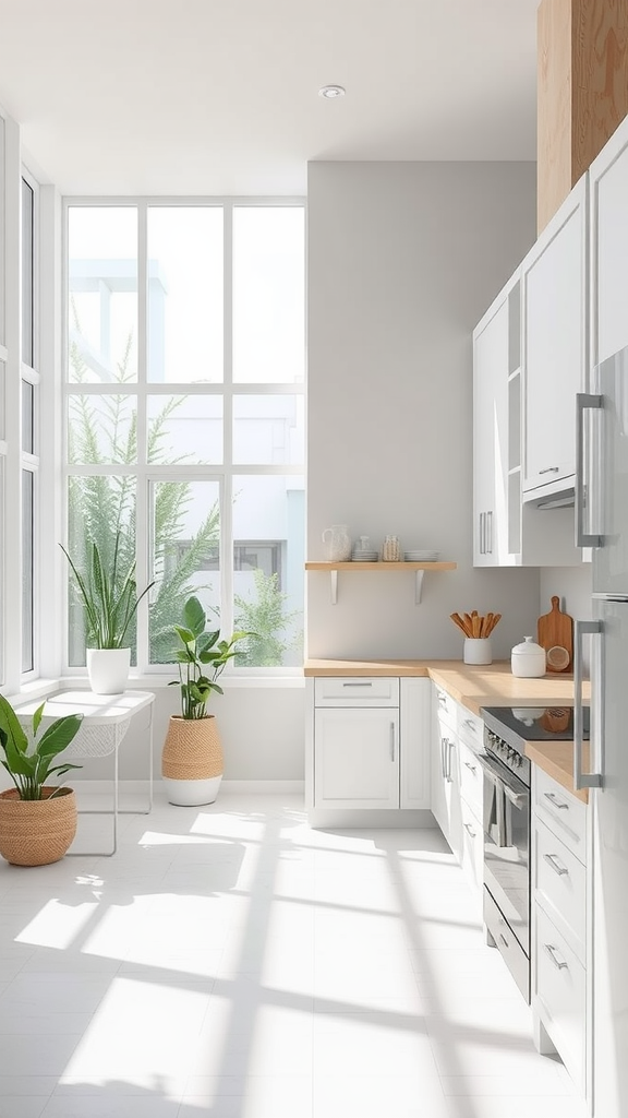 Bright kitchen with large windows, white cabinetry, and plants.