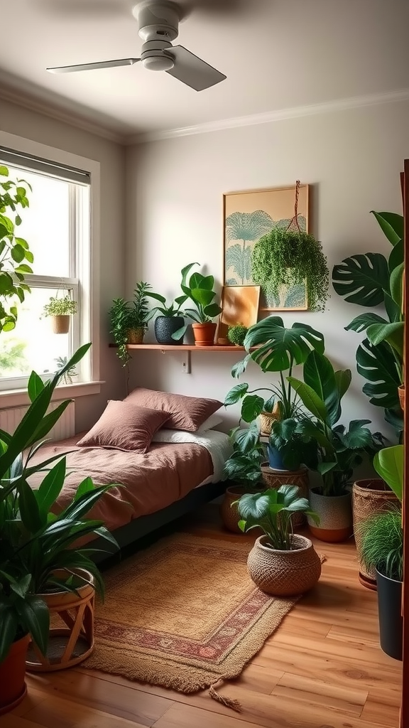 A cozy bedroom filled with various houseplants, featuring a bed with soft linens and a warm rug.