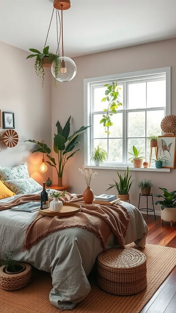 A cozy room filled with plants, a comfortable bed, and warm lighting.