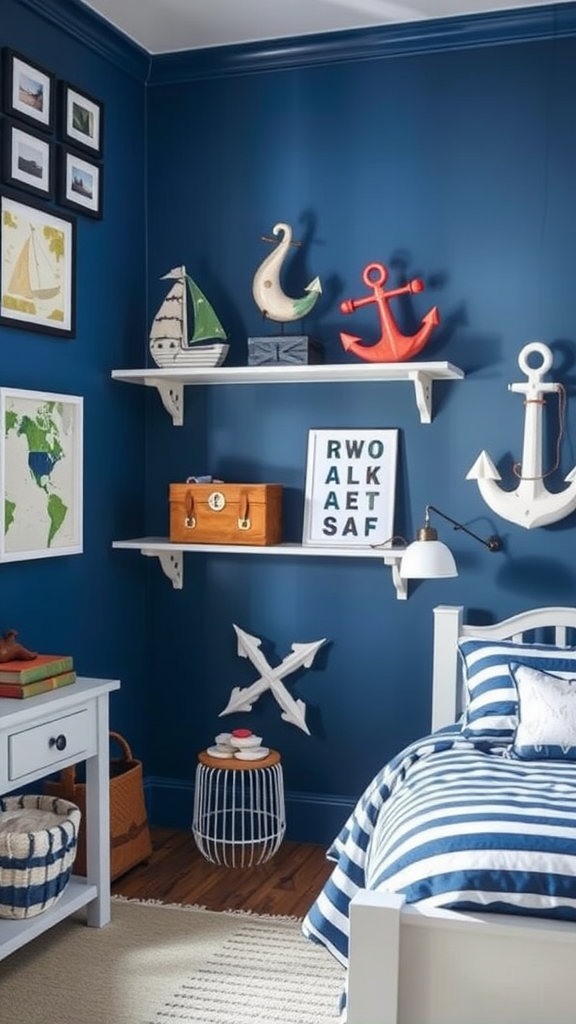 A cozy bedroom with nautical theme decor featuring blue walls, striped bedding, and decorative items like anchors and sailboats.