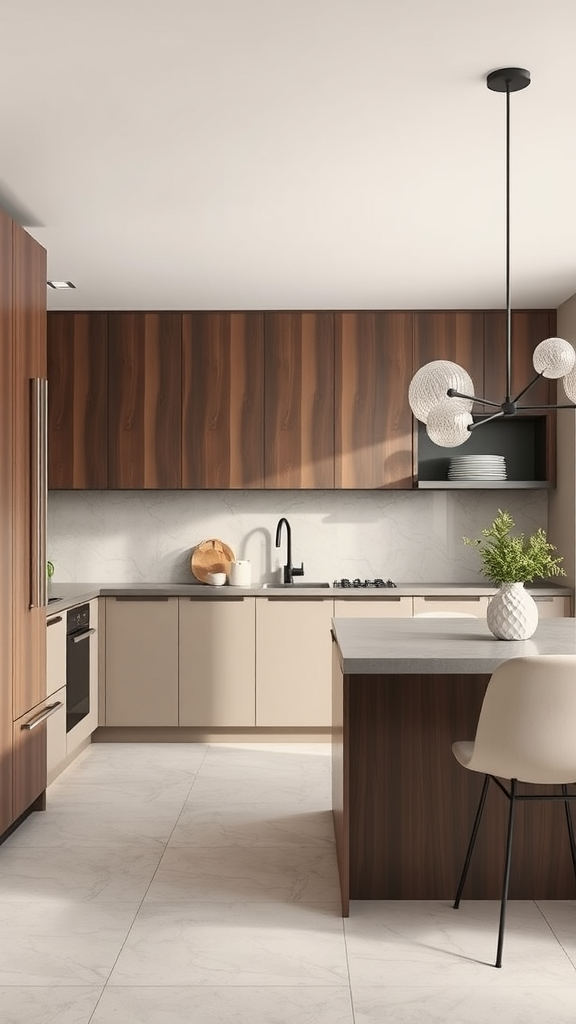 A modern kitchen featuring neutral color gradients with beige cabinets and wooden accents.