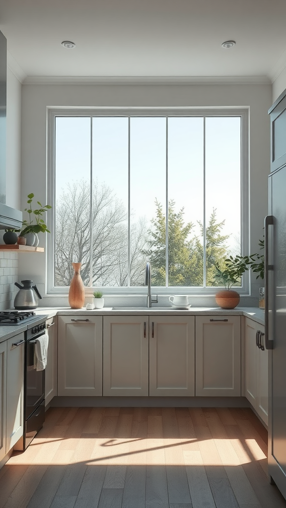 Bright kitchen with large windows, showcasing a view of trees outside.