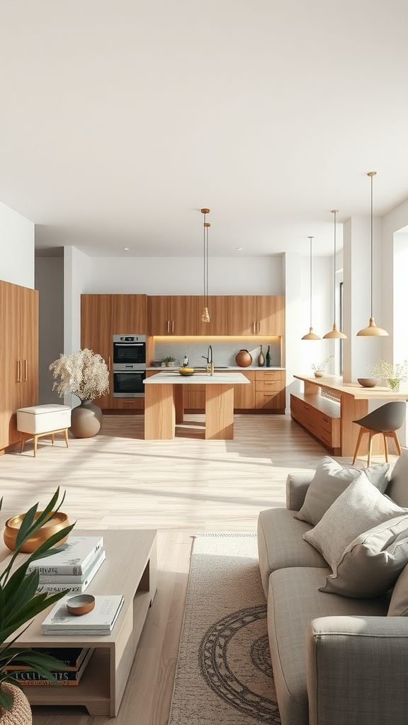 A bright and airy open concept kitchen with wooden cabinets and modern design.