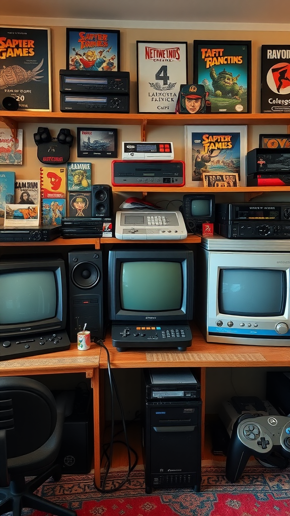 A cozy retro gaming room filled with vintage consoles, old TVs, and gaming memorabilia.