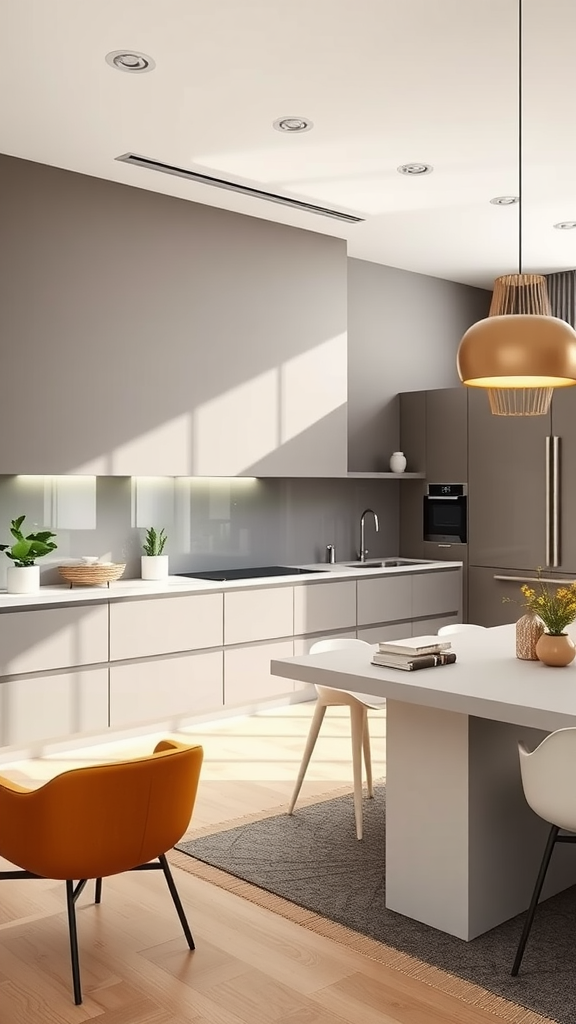 A modern kitchen featuring sleek furniture, neutral tones, and a pop of color from an orange chair.